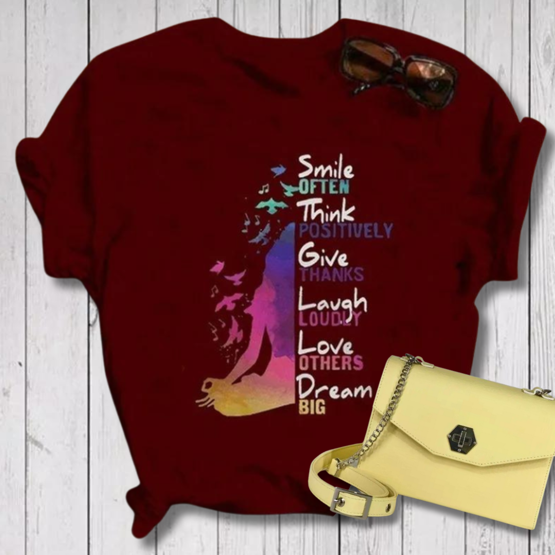 "Smile Think Give Laugh Love Dream" T-Shirt via Loose Neck