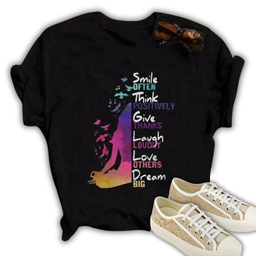 "Smile Think Give Laugh Love Dream" T-Shirt via Loose Neck