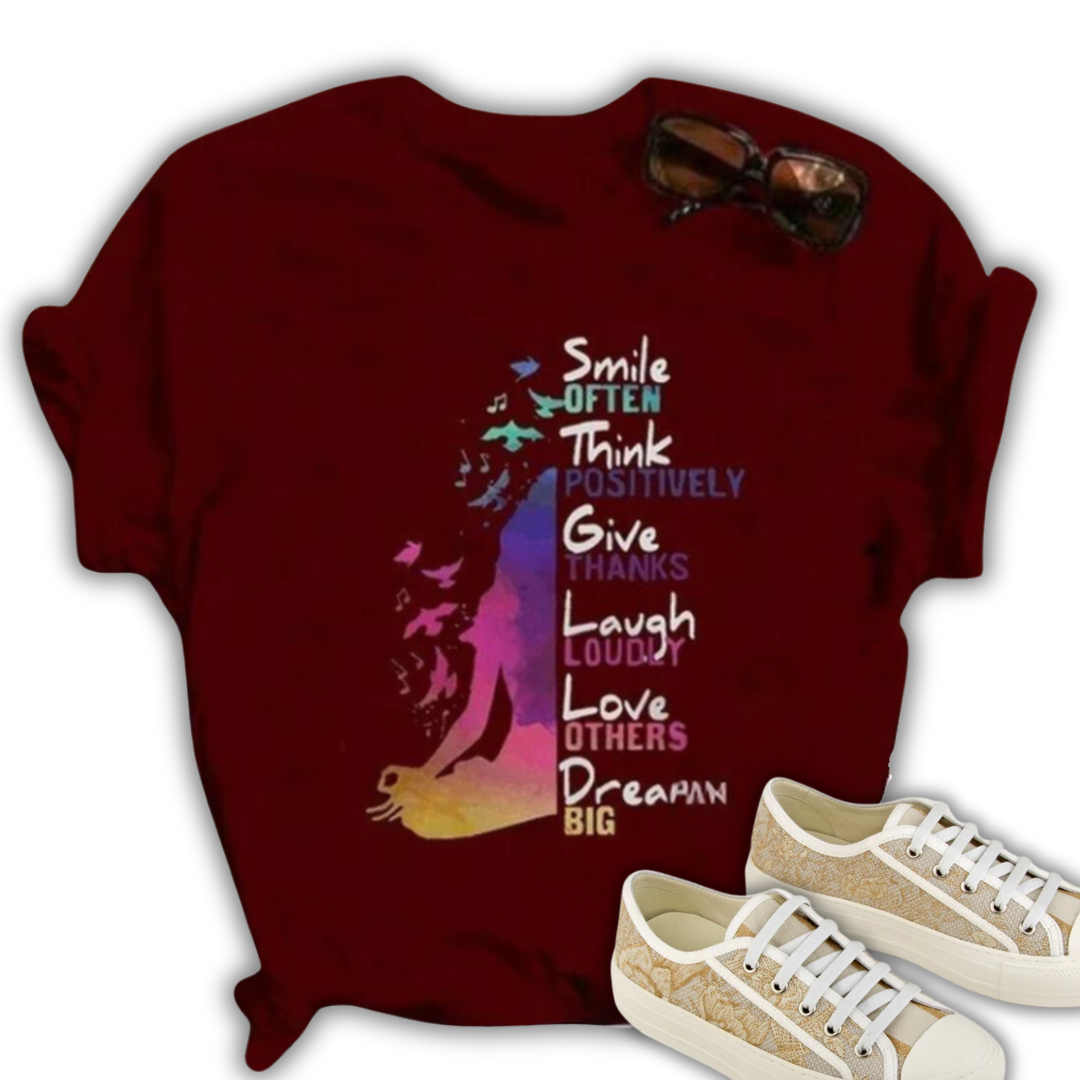 "Smile Think Give Laugh Love Dream" T-Shirt via Loose Neck