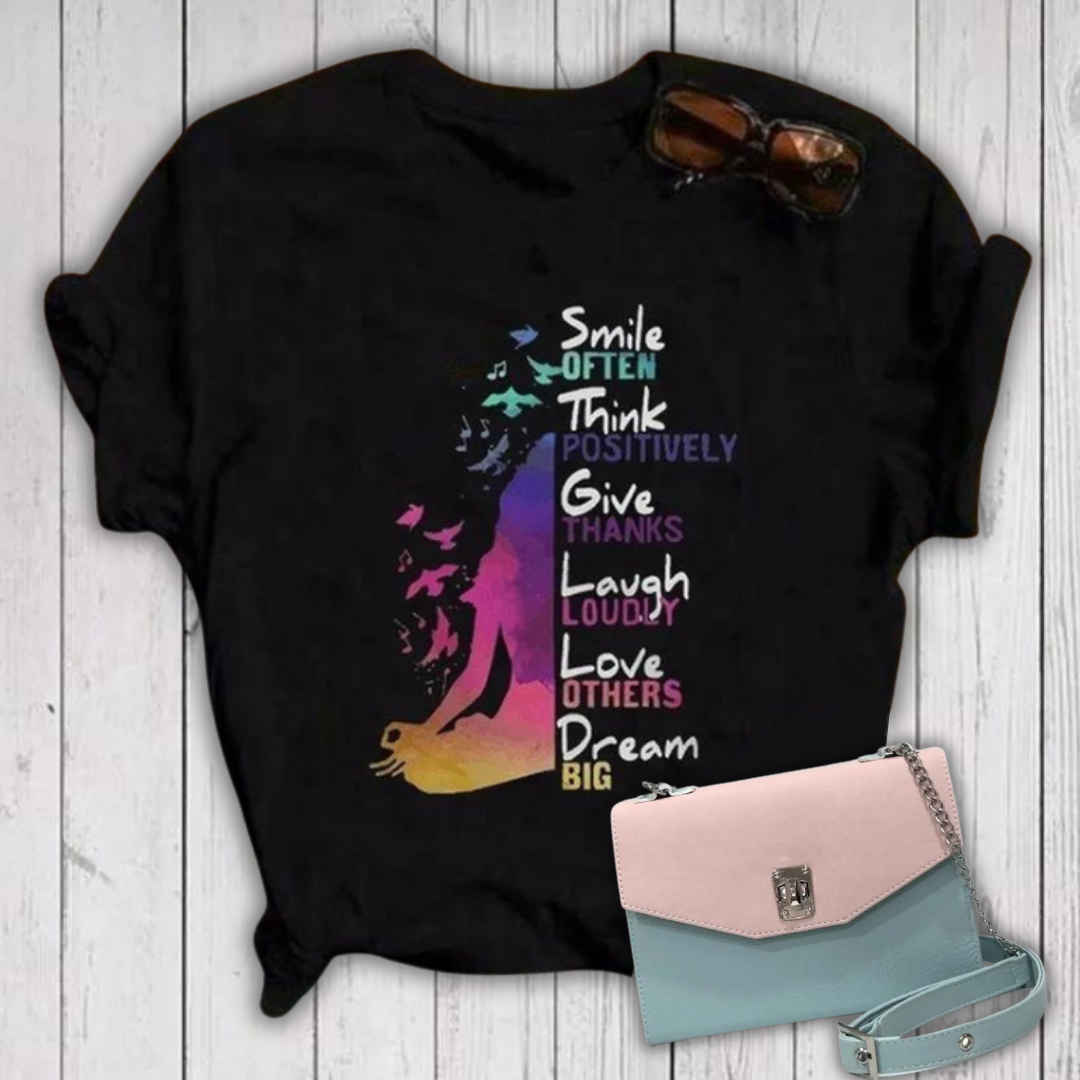 "Smile Think Give Laugh Love Dream" T-Shirt via Loose Neck